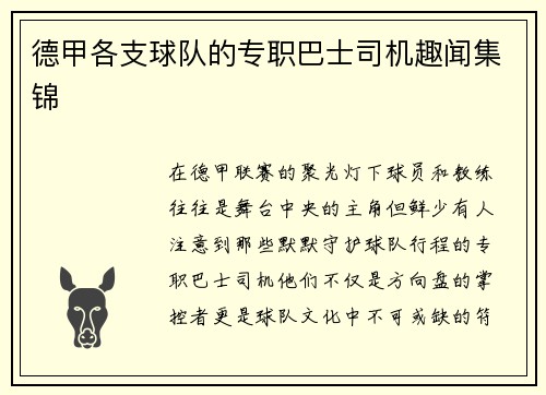 德甲各支球队的专职巴士司机趣闻集锦
